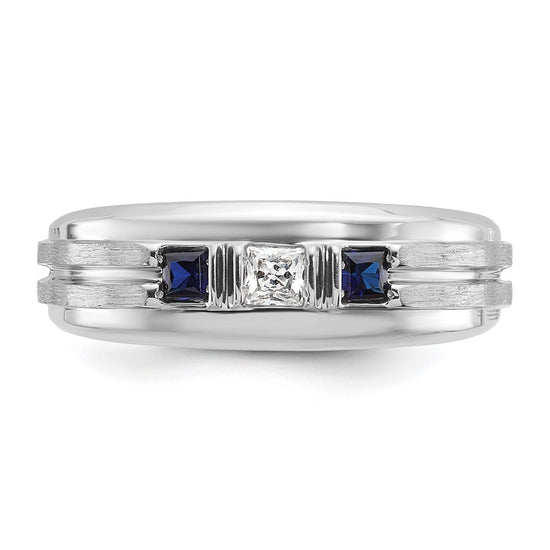 14k White Gold Men's Polished Satin and Grooved Square 1/6 Carat AA Quality Diamond and Lab Created Sapphire 3-Stone Ring