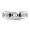14k White Gold Men's Polished Satin and Grooved Square 1/6 Carat AA Quality Diamond and Lab Created Sapphire 3-Stone Ring