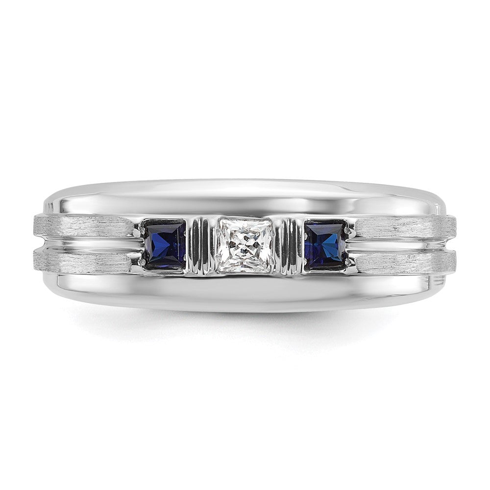 14k White Gold Men's Polished Satin and Grooved Square 1/6 Carat AA Quality Diamond and Lab Created Sapphire 3-Stone Ring