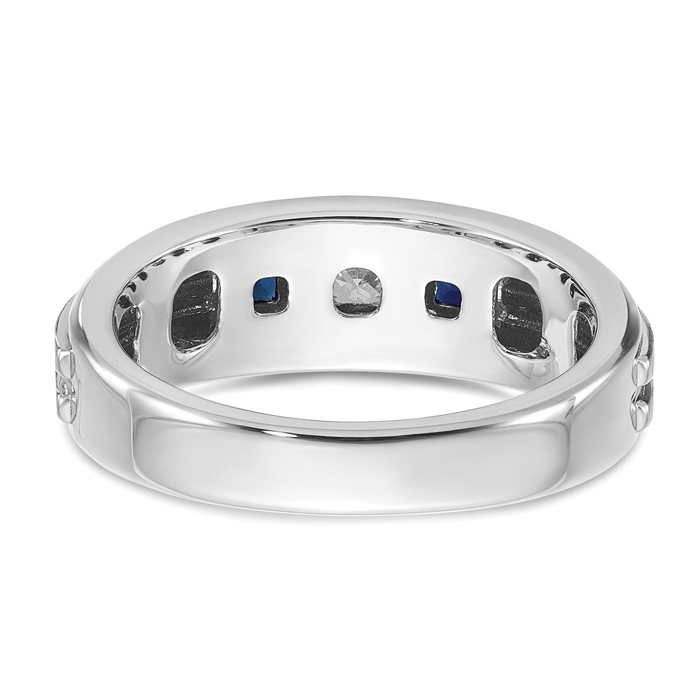 14k White Gold Men's Polished Satin and Grooved Square 1/6 Carat AA Quality Diamond and Lab Created Sapphire 3-Stone Ring