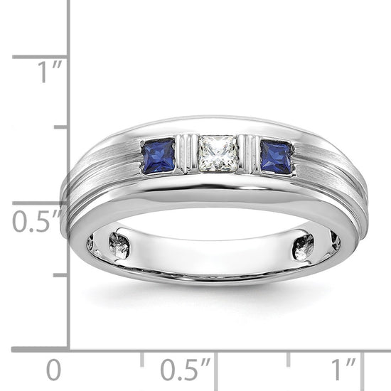 14k White Gold Men's Polished Satin and Grooved Square 1/6 Carat AA Quality Diamond and Lab Created Sapphire 3-Stone Ring