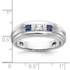 14k White Gold Men's Polished Satin and Grooved Square 1/6 Carat AA Quality Diamond and Lab Created Sapphire 3-Stone Ring