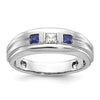 14k White Gold Men's Polished Satin and Grooved Square 1/6 Carat AA Quality Diamond and Lab Created Sapphire 3-Stone Ring