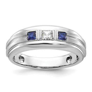 14k White Gold Men's Polished Satin and Grooved Square 1/6 Carat AA Quality Diamond and Lab Created Sapphire 3-Stone Ring