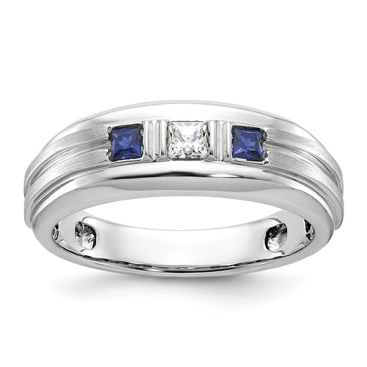 14k White Gold Men's Polished Satin and Grooved Square 1/6 Carat AA Quality Diamond and Lab Created Sapphire 3-Stone Ring