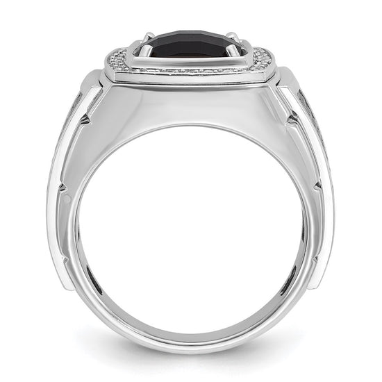 10k White Gold and Black Rhodium Mens Cushion Onyx and Diamond Halo Complete Ring