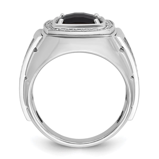 10k White Gold and Black Rhodium Mens Cushion Onyx and Diamond Halo Complete Ring