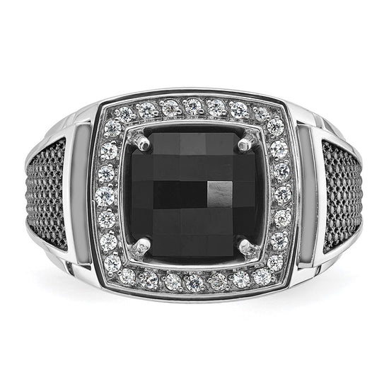10k White Gold and Black Rhodium Mens Cushion Onyx and Diamond Halo Complete Ring