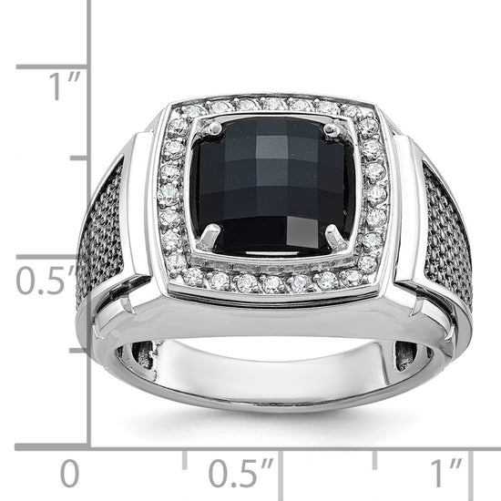 10k White Gold and Black Rhodium Mens Cushion Onyx and Diamond Halo Complete Ring