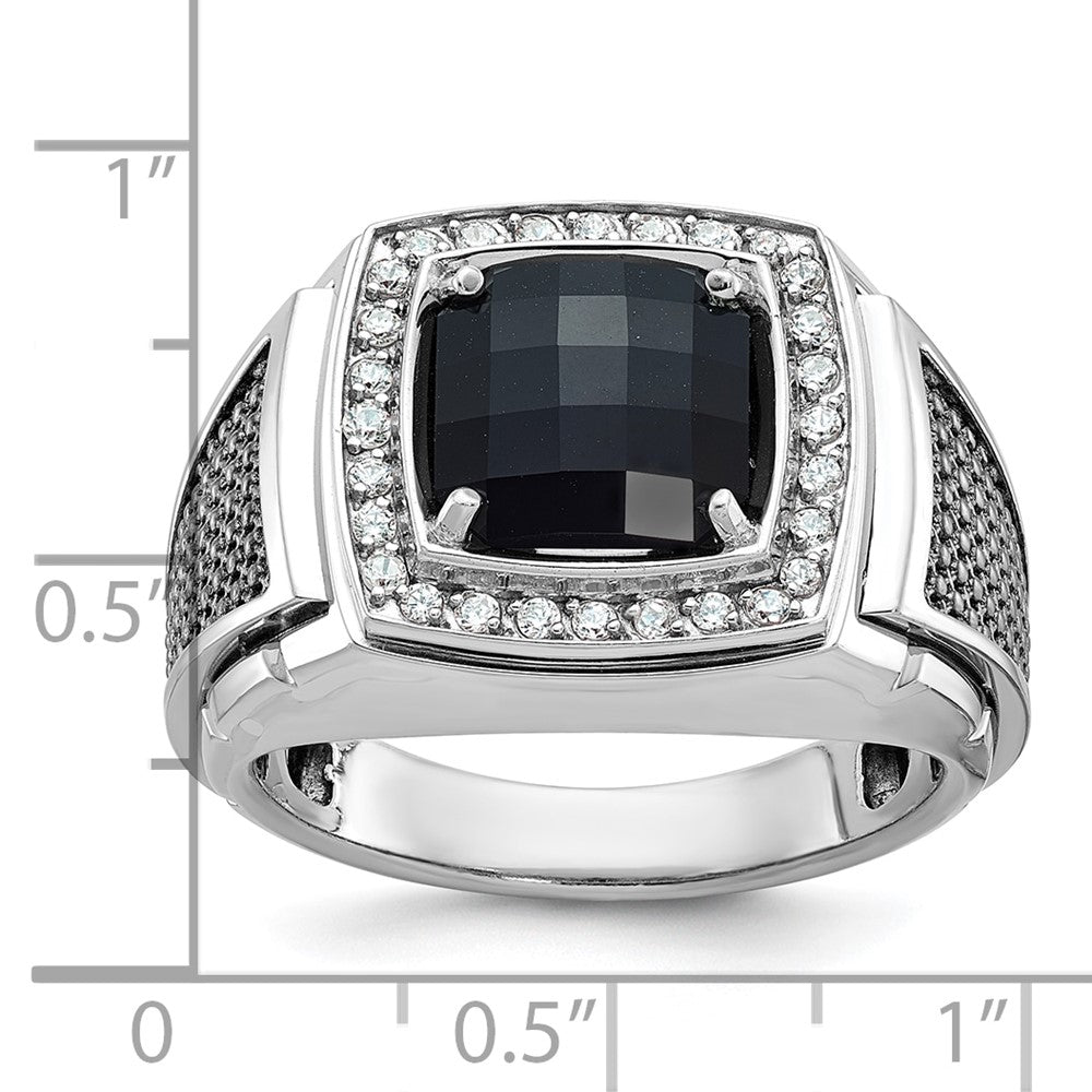 10k White Gold and Black Rhodium Mens Cushion Onyx and Diamond Halo Complete Ring