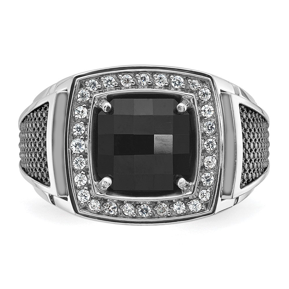 14k White Gold with Black Rhodium Mens Cushion Onyx and 1/4 carat Diamond Complete Ring