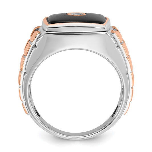 14k Two-tone White/Rose Gold Mens Cushion Onyx and 1/10 carat Diamond Complete Ring