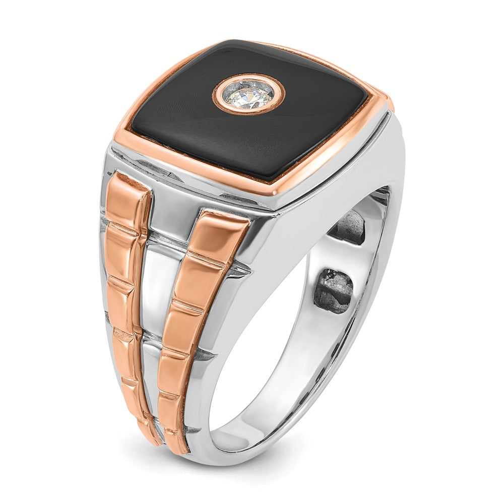14k Two-tone White/Rose Gold Mens Cushion Onyx and 1/10 carat Diamond Complete Ring