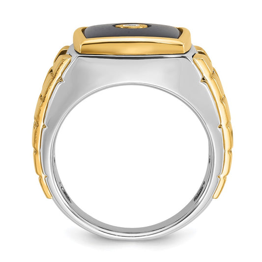 14k Two-tone Mens Cushion Onyx and 1/10 carat Diamond Complete Ring