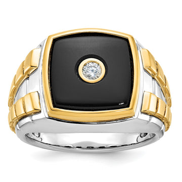 14k Two-tone Mens Cushion Onyx and 1/10 carat Diamond Complete Ring