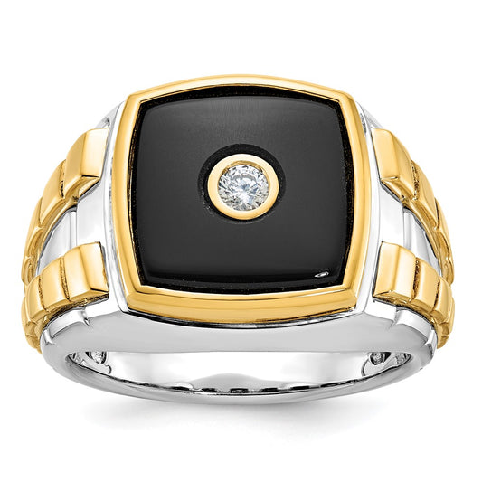 14k Two-tone Mens Cushion Onyx and 1/10 carat Diamond Complete Ring