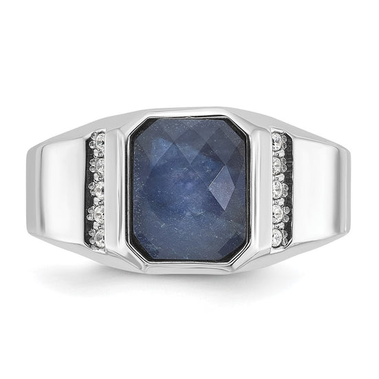 14k White Gold Men's Sapphire Doublet Stone and 1/6 carat Diamond Complete Ring