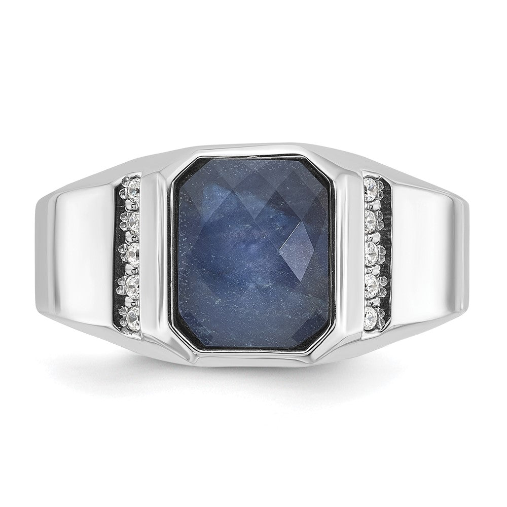 14k White Gold Men's Sapphire Doublet Stone and 1/6 carat Diamond Complete Ring
