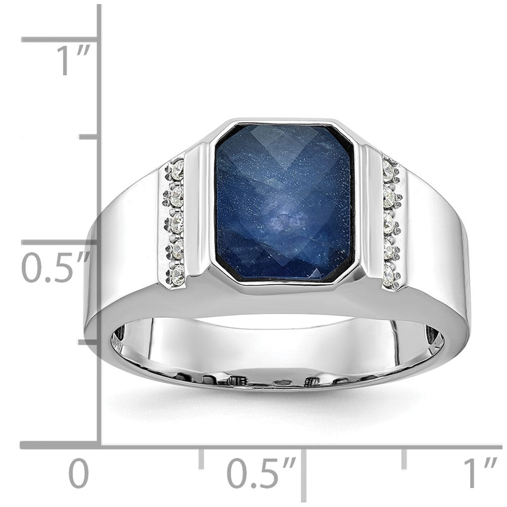 14k White Gold Men's Sapphire Doublet Stone and 1/6 carat Diamond Complete Ring