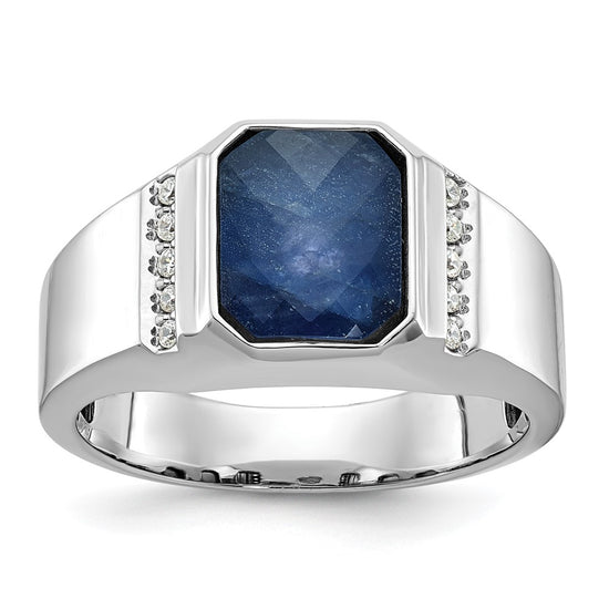 14k White Gold Men's Sapphire Doublet Stone and 1/6 carat Diamond Complete Ring