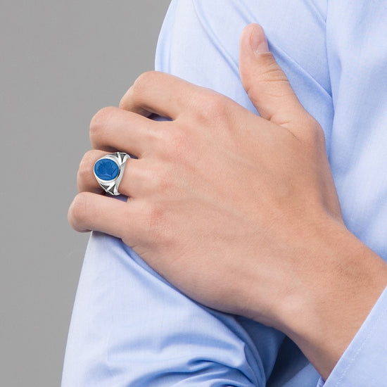 14k White Gold Mens with Black Rhodium Oval Blue Agate Complete Ring