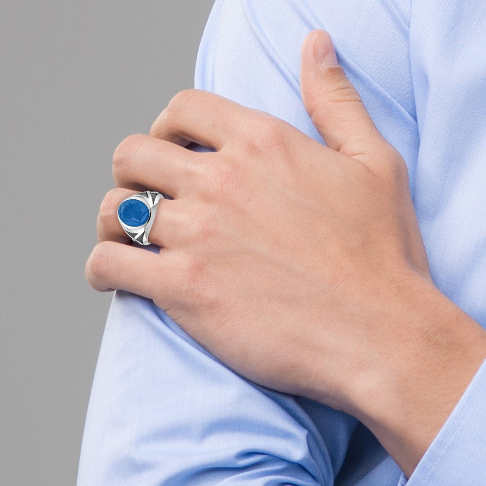 14k White Gold Mens with Black Rhodium Oval Blue Agate Complete Ring