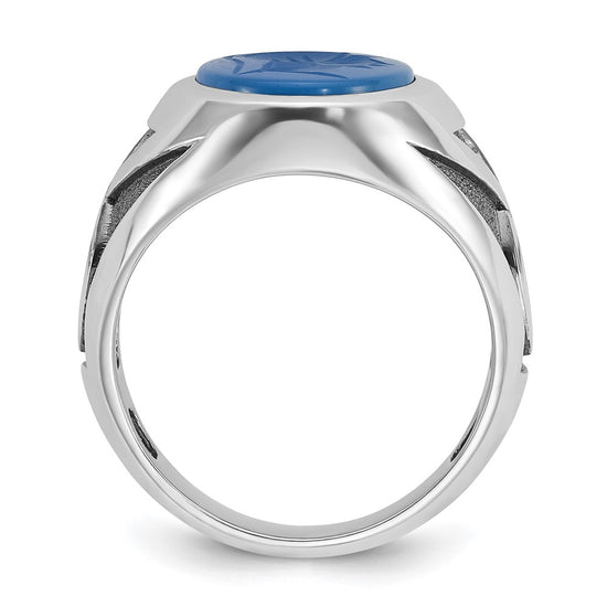 14k White Gold Mens with Black Rhodium Oval Blue Agate Complete Ring