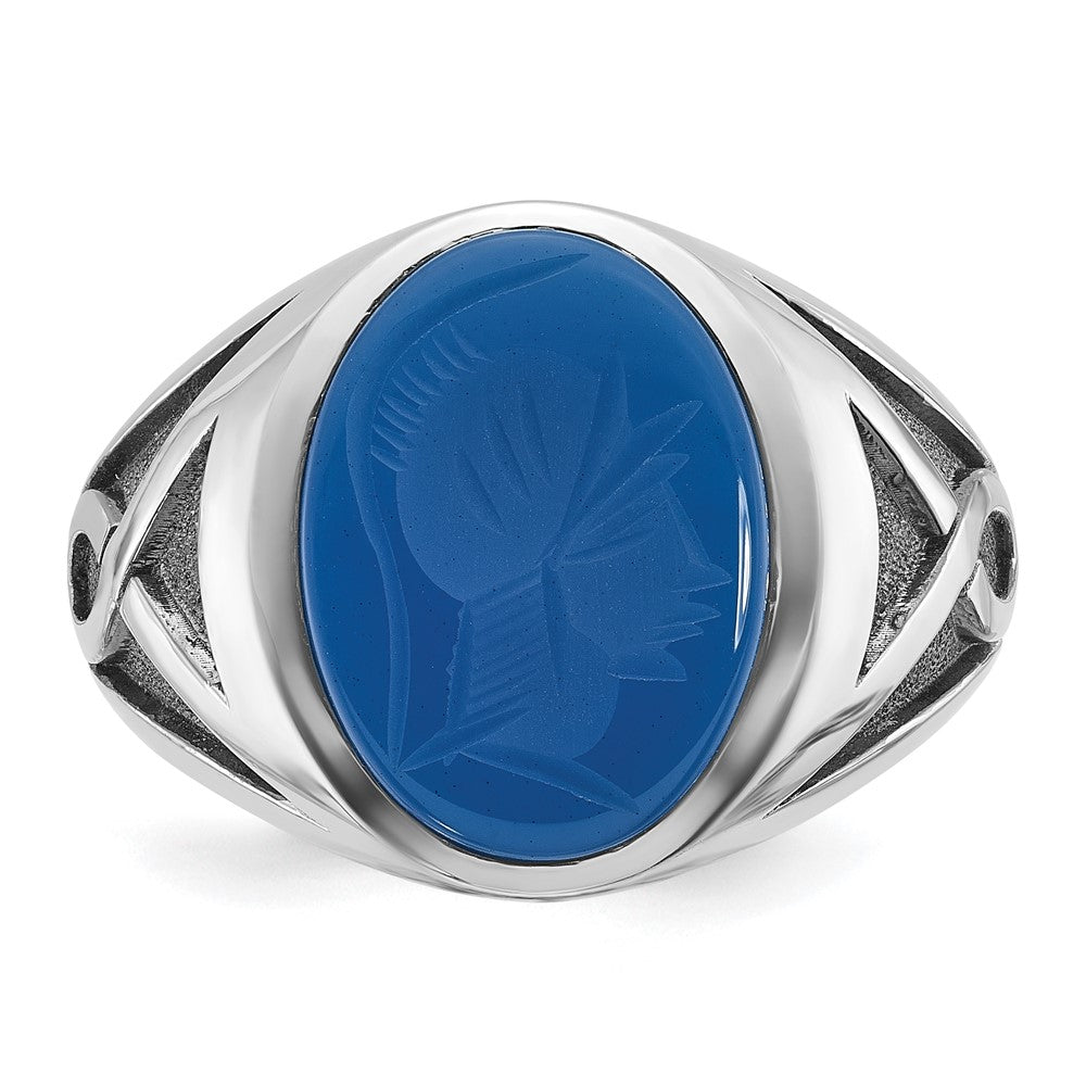 14k White Gold Mens with Black Rhodium Oval Blue Agate Complete Ring