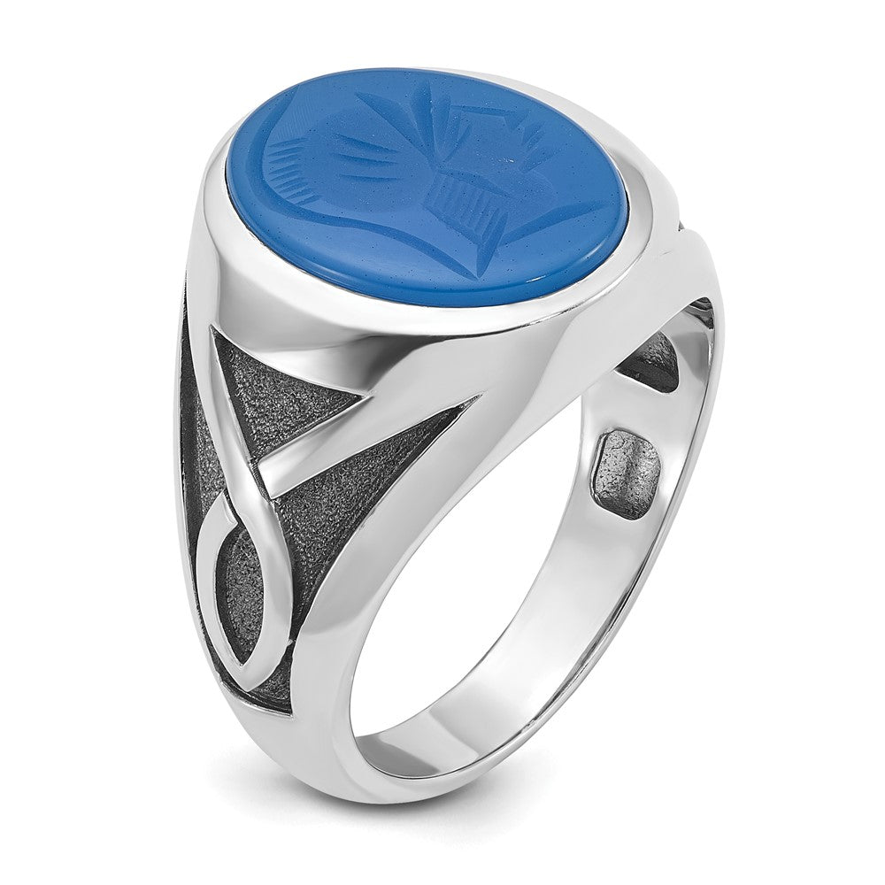 14k White Gold Mens with Black Rhodium Oval Blue Agate Complete Ring