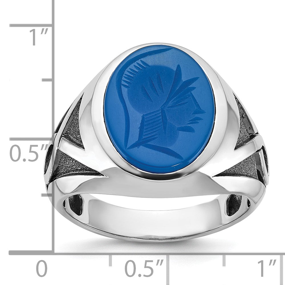 14k White Gold Mens with Black Rhodium Oval Blue Agate Complete Ring