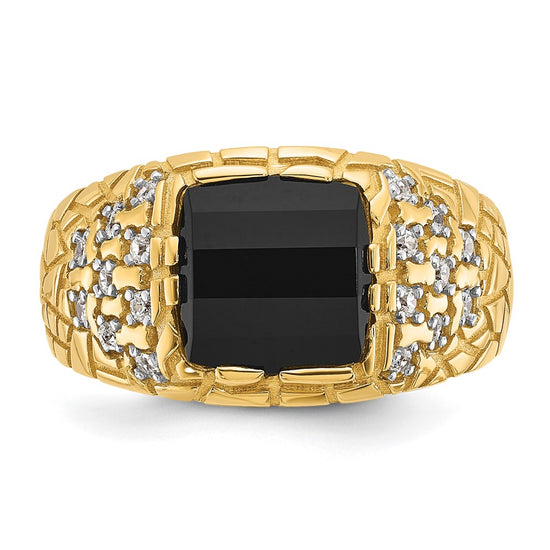 14k Mens Barrel Onyx and 1/4 carat Diamond Nugget Complete Ring