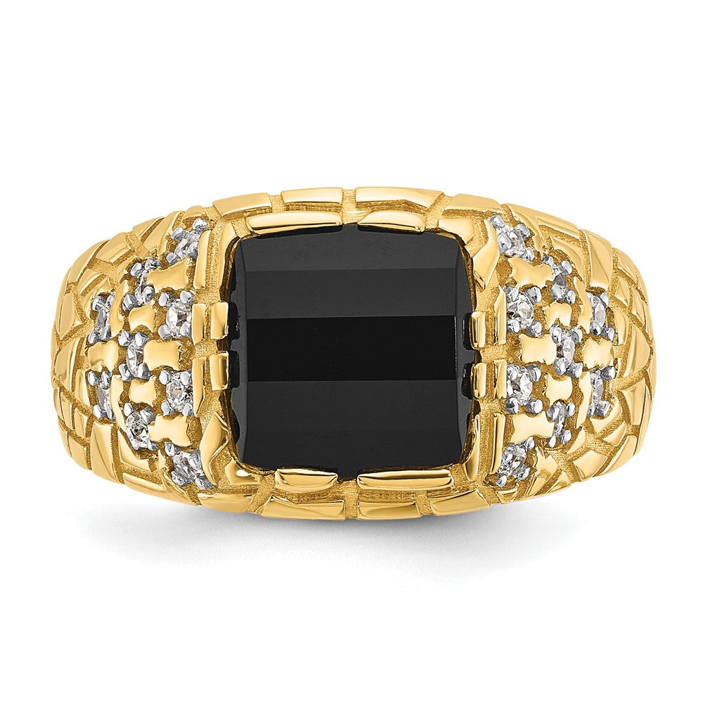 14k Mens Barrel Onyx and 1/4 carat Diamond Nugget Complete Ring
