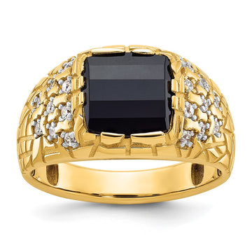 14k Mens Barrel Onyx and 1/4 carat Diamond Nugget Complete Ring
