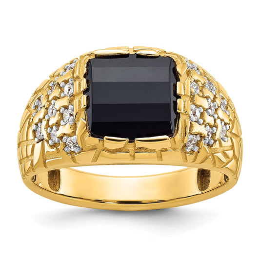 14k Mens Barrel Onyx and 1/4 carat Diamond Nugget Complete Ring