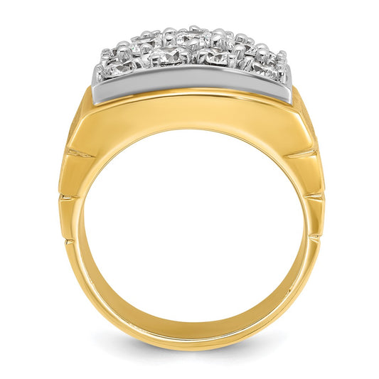 14k Two-tone Men's Polished Satin and Grooved 3 Carat AA Quality Diamond Cluster Ring