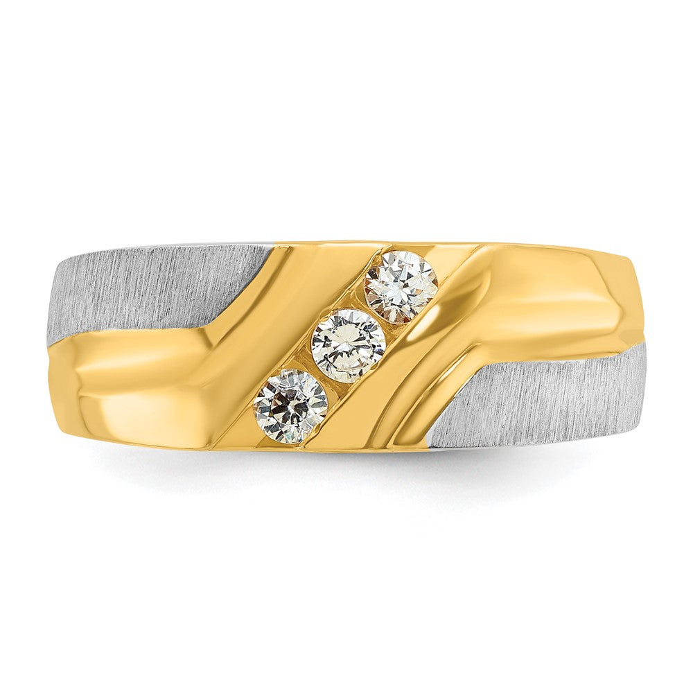 14k Two-tone Men's Polished Satin and Grooved 3-Stone 1/4 Carat AA Quality Diamond Ring