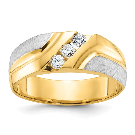 14k Two-tone Men's Polished Satin and Grooved 3-Stone 1/4 Carat AA Quality Diamond Ring
