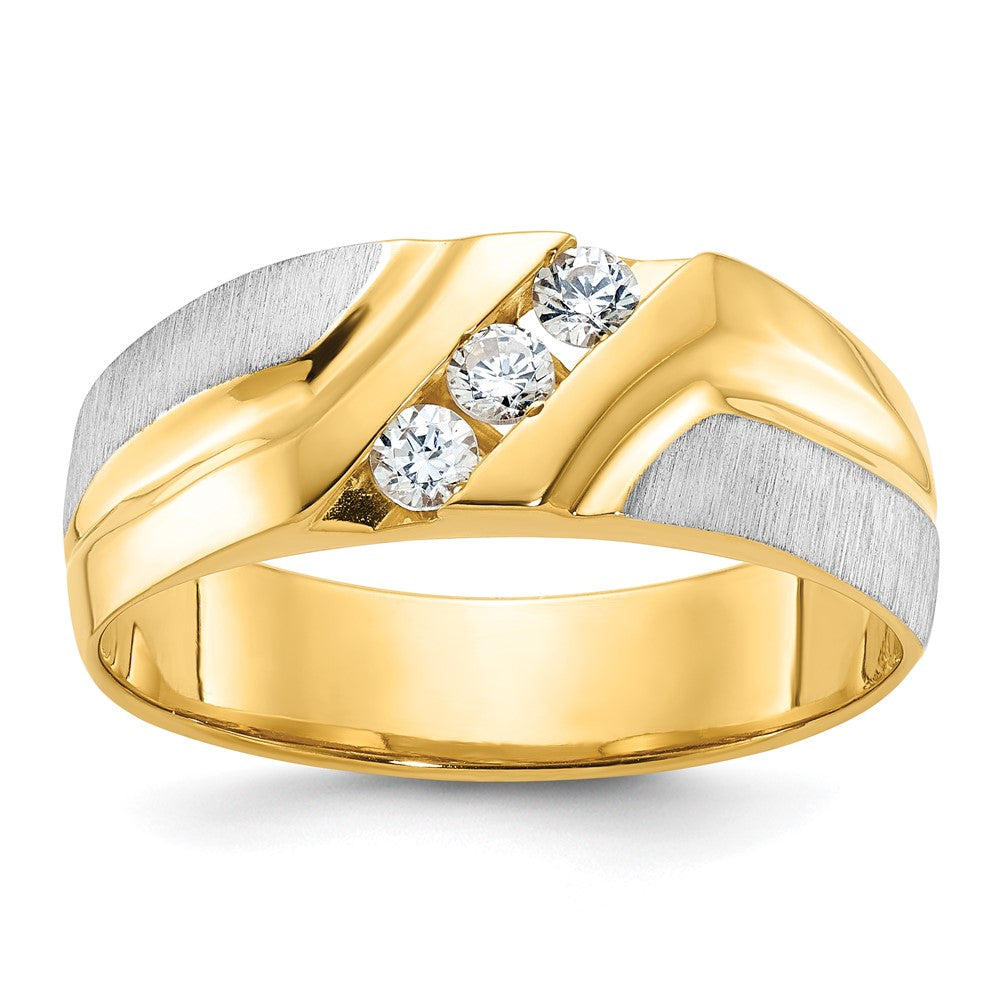 14k Two-tone Men's Polished Satin and Grooved 3-Stone 1/4 Carat AA Quality Diamond Ring