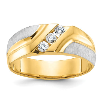 14k Two-tone Men's Polished Satin and Grooved 3-Stone 1/4 Carat AA Quality Diamond Ring