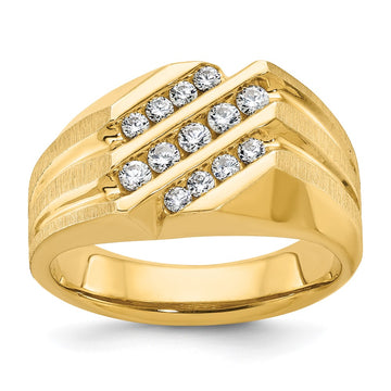 14k Men's Polished Satin and Grooved 1/2 Carat AA Quality Diamond Ring