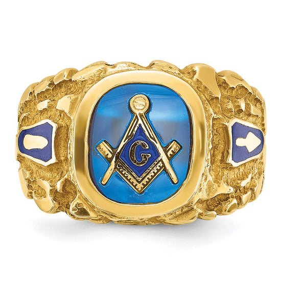 IBGoodman 10k Men's Polished and Nugget Textured with Blue Enamel and Lab Created Sapphire Blue Lodge Master Masonic Ring