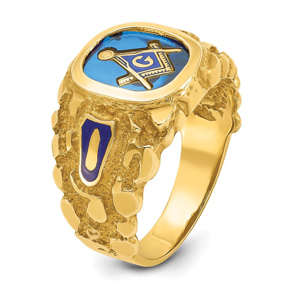 IBGoodman 10k Men's Polished and Nugget Textured with Blue Enamel and Lab Created Sapphire Blue Lodge Master Masonic Ring