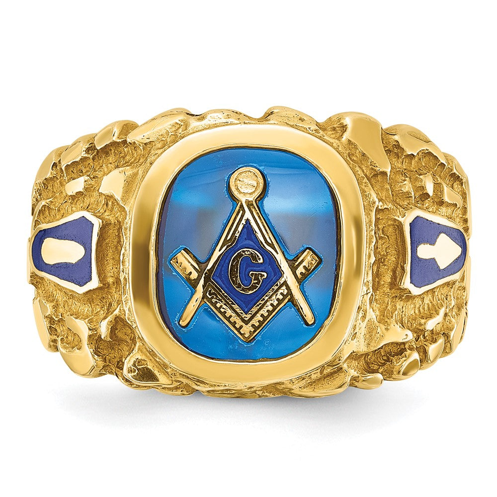 IBGoodman 14k Men's Polished and Nugget Textured with Blue Enamel and Lab Created Sapphire Blue Lodge Master Masonic Ring