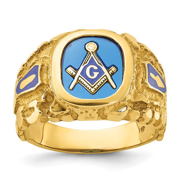 IBGoodman 14k Men's Polished and Nugget Textured with Blue Enamel and Lab Created Sapphire Blue Lodge Master Masonic Ring