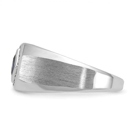 14k White Gold Men's Created Sapphire and 1/20 carat Diamond Satin Complete Ring
