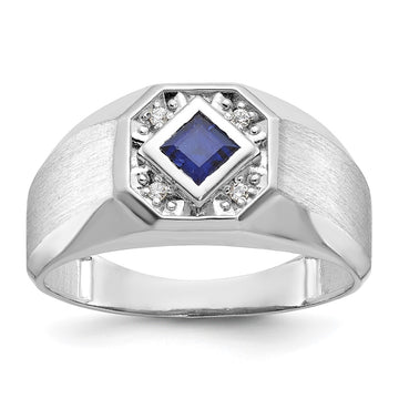 14k White Gold Men's Created Sapphire and 1/20 carat Diamond Satin Complete Ring