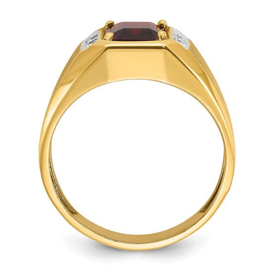 14k Men's Polished and Satin Created Ruby and 1/20 carat Diamond Complete Ring
