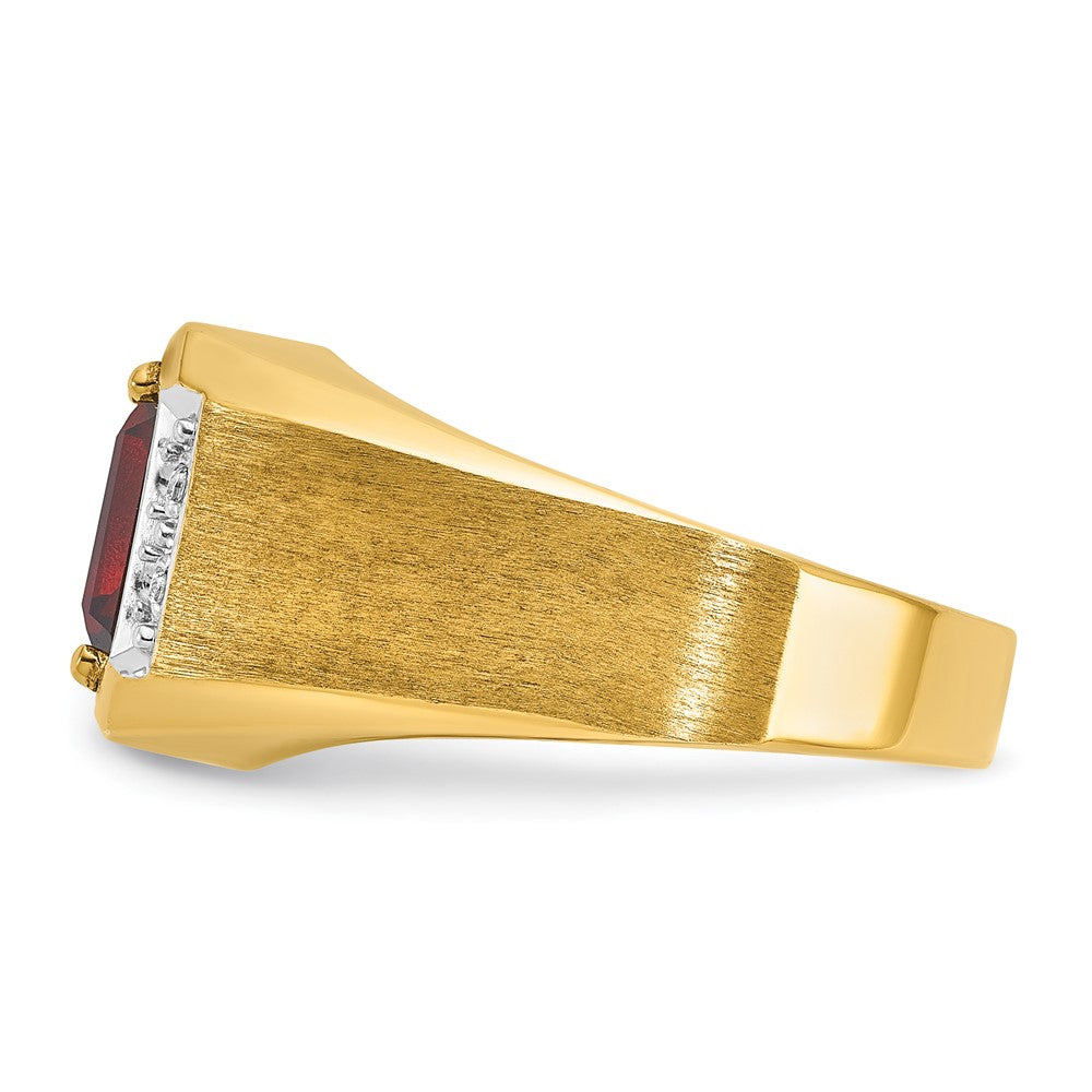 14k Men's Polished and Satin Created Ruby and 1/20 carat Diamond Complete Ring