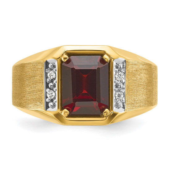14k Men's Polished and Satin Created Ruby and 1/20 carat Diamond Complete Ring