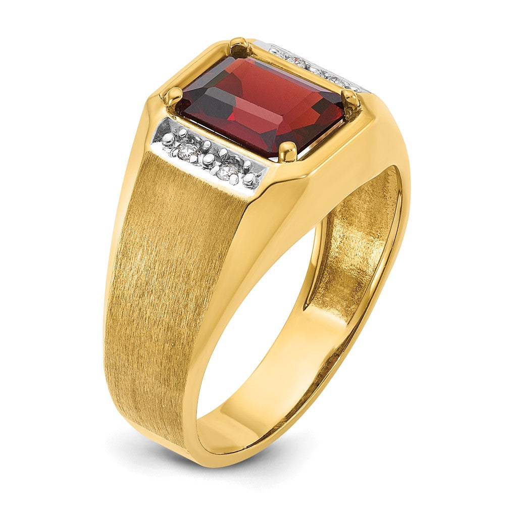 14k Men's Polished and Satin Created Ruby and 1/20 carat Diamond Complete Ring